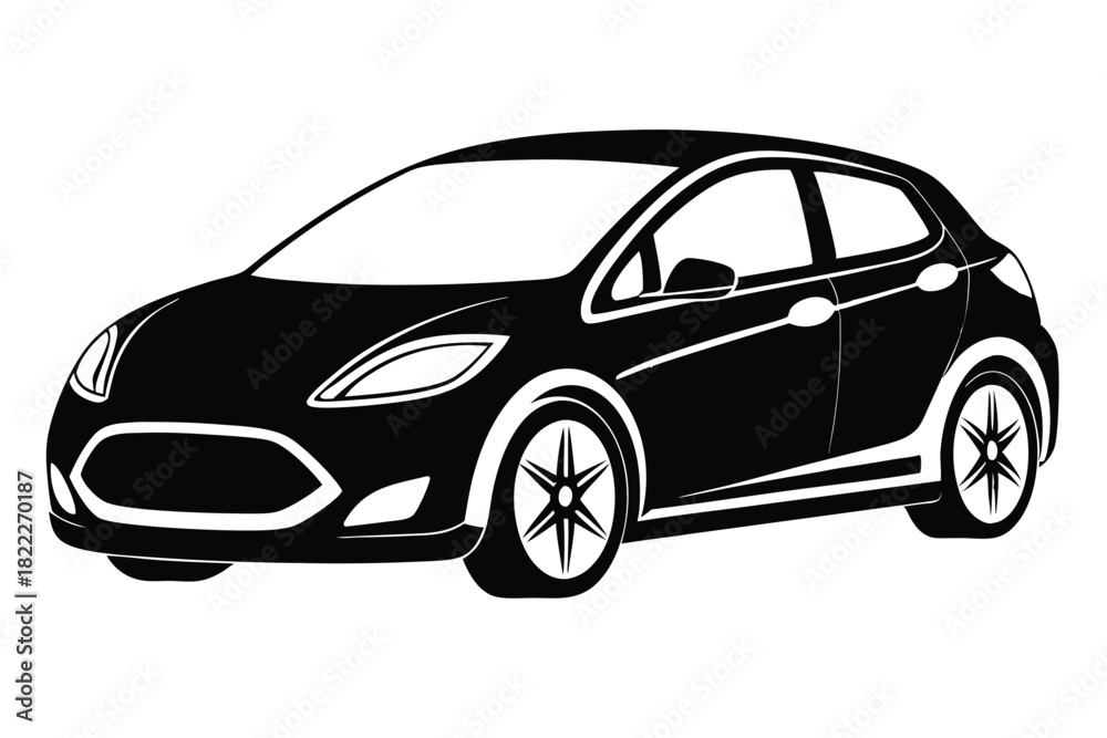Fototapeta premium Black silhouette of a modern hatchback displays clean lines and striking rim details