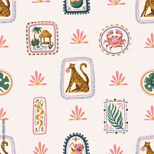 Square summer vector seamless pattern tropical animals palm leaves fruit crab hut beach