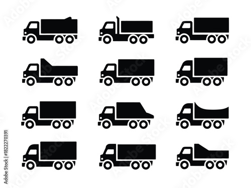 Collection of twelve black truck icons with varying shapes and sizes on white