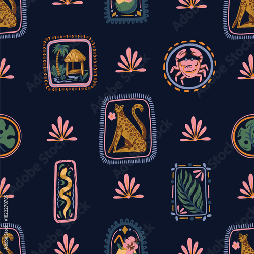 Square summer vector seamless pattern tropical animals palm leaves fruit crab hut beach