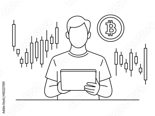 A man holding a tablet with bitcoin symbol and stock chart in the background