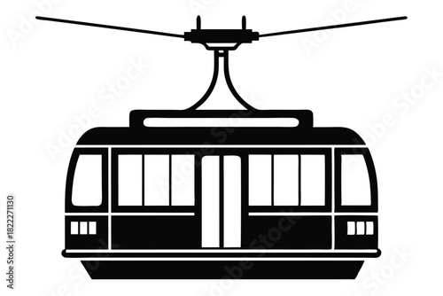 Black silhouette reveals a modern cable car design suspended from its overhead system