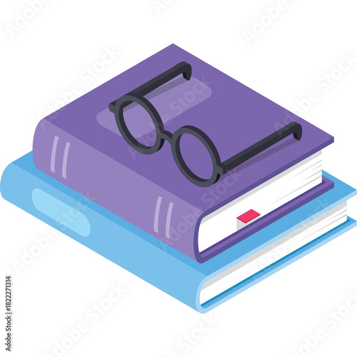 Two stacked books one purple and one light blue with black rimmed glasses on top creating an academic still life composition with a red bookmark peeking out from the purple book