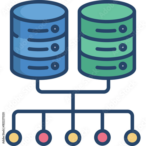 Two Stacked Cylinders Connected to Multiple Circles Representing Data Storage Servers And Network Connections