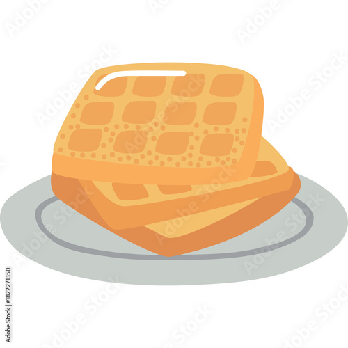 Two Stacked Golden Brown Belgian Waffles With Square Grid Pattern Served on a Gray Plate Transparent Background