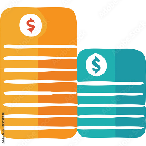 Two stacks of coins in orange and teal colors with dollar signs on a transparent background representing finance and savings