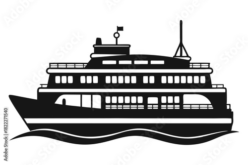 Black silhouette shows a large cruise ship sailing on water waves elegantly
