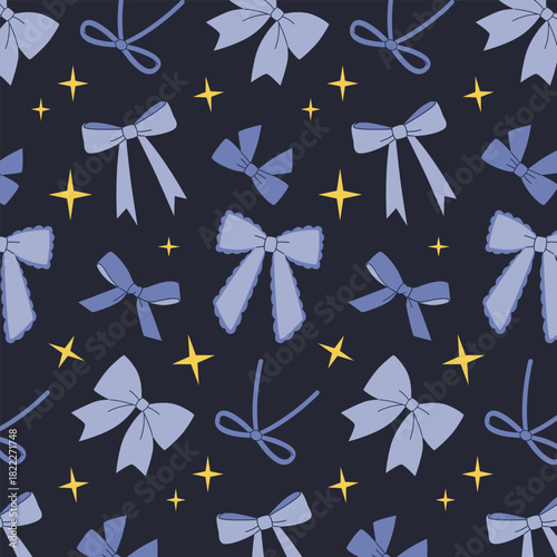 Seamless pattern with a beautiful blue ribbon bow on a dark background. The aesthetics of a coquette and a ballet style, a girly accessory.