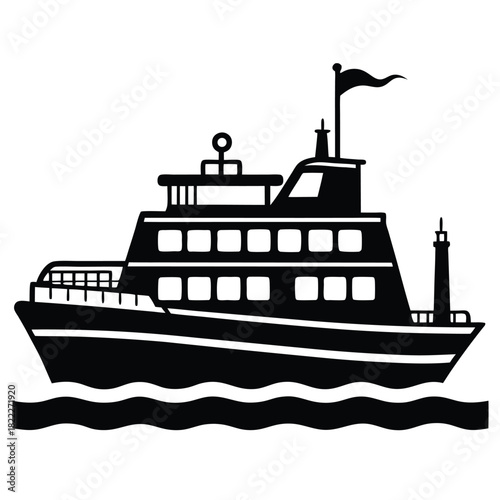 Black silhouette shows a two storied ferry boat sailing on wavy seas happily
