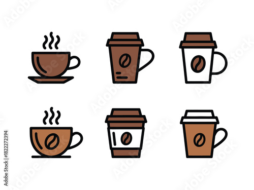 Illustration of six coffee cups and mugs in various styles and color schemes