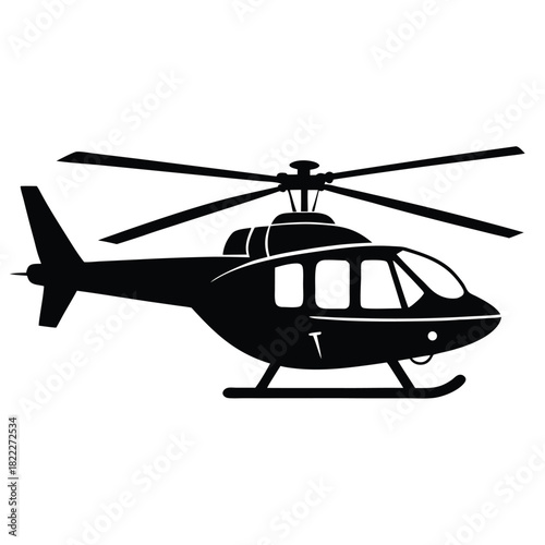 Black silhouette shows modern helicopter with rotor blades against white background is ready to fly