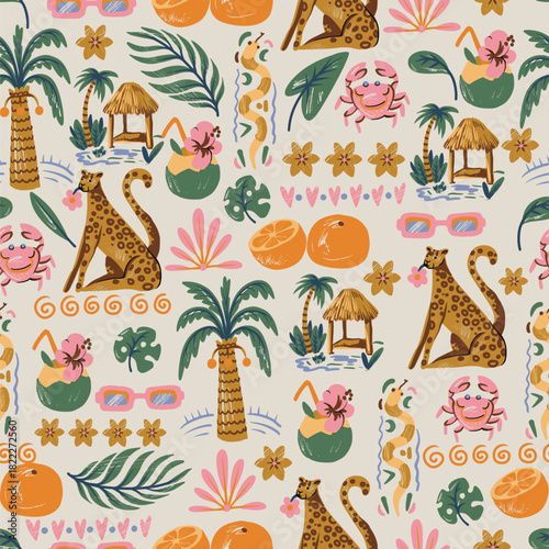 Beach summer vector seamless pattern tropical animals palm leaves fruits crab hut jungle