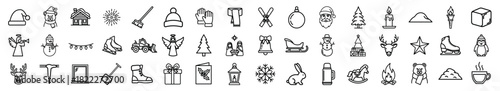 Collection of winter and Christmas line icons featuring a snowman, reindeer, Santa Claus, and festive holiday symbols in a minimalist black and white outline style