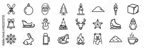 Set of winter and Christmas icons in a minimalist line art style, featuring Santa Claus, a snowman, reindeer, a snowflake, and other festive holiday symbols for seasonal design