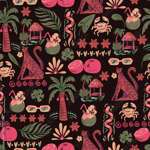 Beach summer vector seamless pattern tropical animals palm leaves fruits crab hut jungle