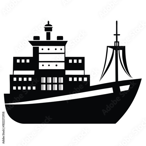 Bold black cargo ship silhouette with detailed superstructure and prominent mast is prominently showcased