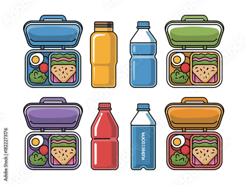 Illustration of colorful lunchboxes and bottles arranged in two rows of four items