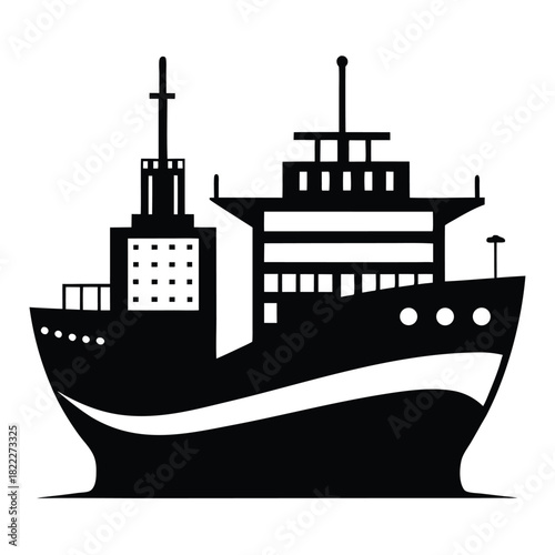 Bold silhouette depicts a sturdy ship with prominent decks, masts, and rounded hull