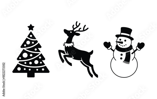 Black and white christmas icons featuring a tree reindeer and a snowman image