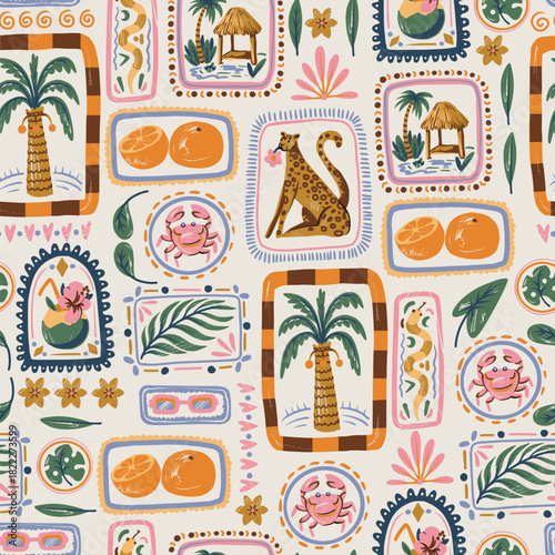 Square summer vector seamless pattern tropical animals palm leaves fruit crab hut beach