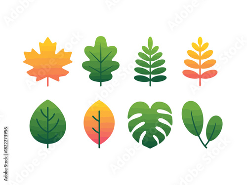 Illustration of eight different stylized leaves with varying colors and shapes