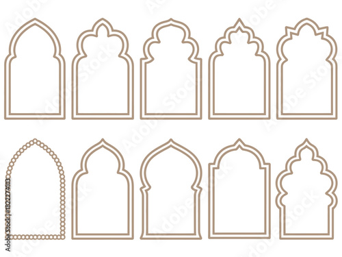 Ten outline designs of arched windows or doorways in a row on a white background