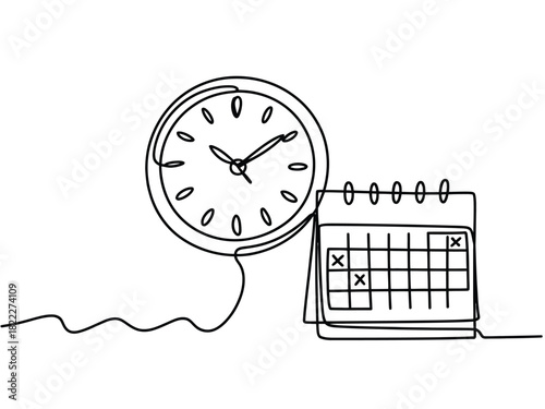 Continuous line drawing of a clock and calendar on a white background art work