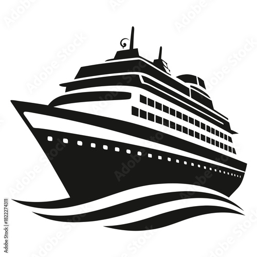 Cruise ship sailing on ocean waves is depicted in a simple monochrome vector