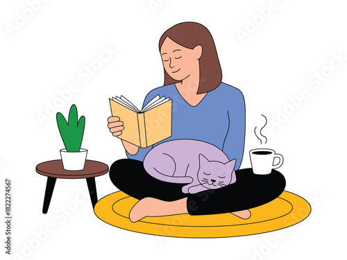 Woman reading a book with a cat sleeping on her lap and a cup of coffee nearby