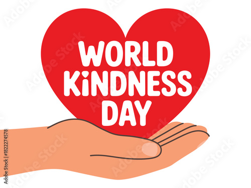 Illustration of a hand holding a red heart with world kindness day text on it