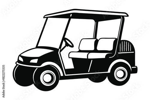 Isolated black and white illustration shows a golf cart with a roof and seats