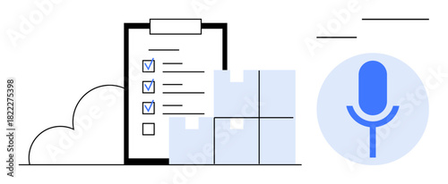 Checklist on clipboard with marked tasks, packed delivery boxes, and voice assistant highlight productivity. Ideal for organization, logistics, inventory, speech recognition, project planning, task