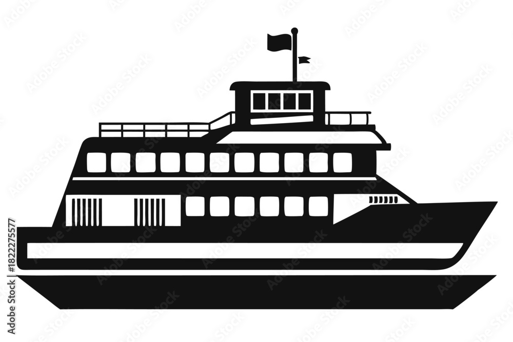 Obraz premium Isolated black silhouette showcases a sleek, multidecked ferryboat with a prominent flag atop its structure