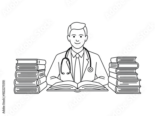 Illustration of a doctor with a stethoscope reading a book surrounded by books