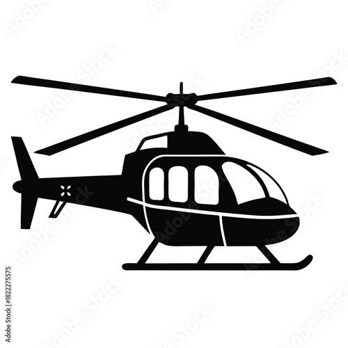 Isolated black silhouette showcases a helicopter with detailed rotor blades against a clean white background