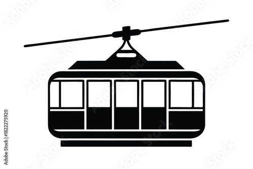 Isolated icon showcases a sleek cable car ascending a mountain in simple black silhouette