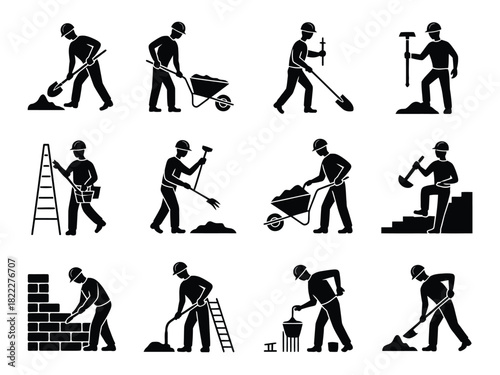Illustration of construction workers in various poses with tools and equipment