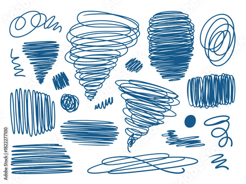Collection of blue scribbles including swirls lines and tornado shaped forms art