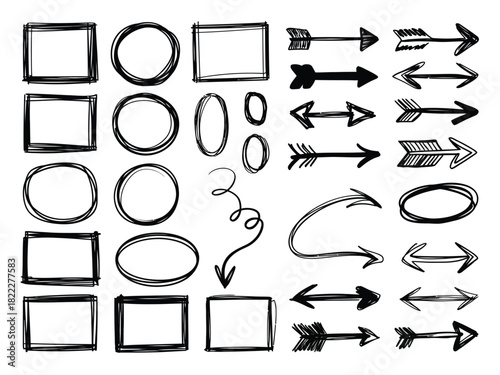 Collection of hand drawn sketch arrows circles squares and ovals on white background