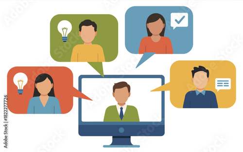 Illustration of a virtual meeting with participants displayed in speech bubbles around a computer screen