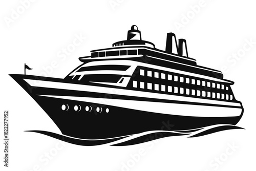 Massive cruise ship sails on wavy ocean in black and white style