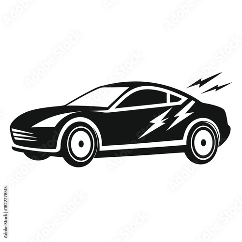 Monochrome black car shows lightning bolts suggesting electric power or high speed