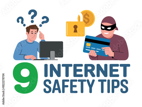 A person is confused by a computer while a hacker steals a credit card and money.