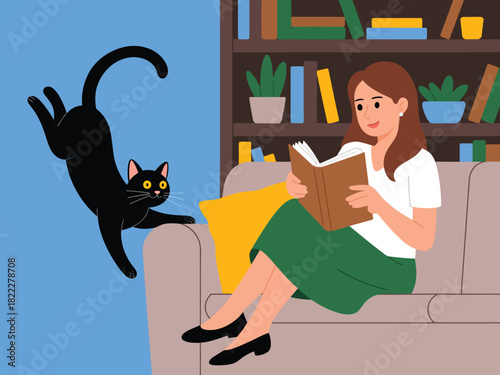 Woman reading a book on a couch while a black cat reaches towards the furniture