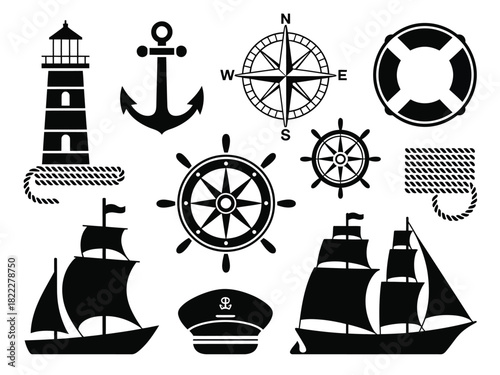 Collection of nautical themed black and white vector illustrations isolated