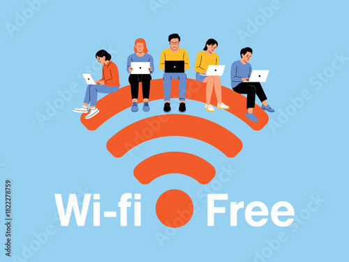 People sit on a giant Wi-Fi symbol, using laptops and tablets to access free internet.