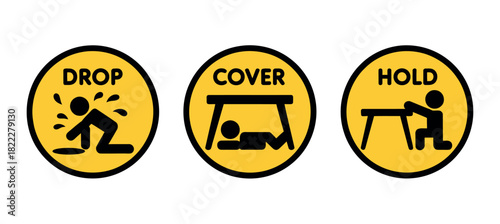Safety icons show drop, cover, and hold positions for earthquake preparedness.