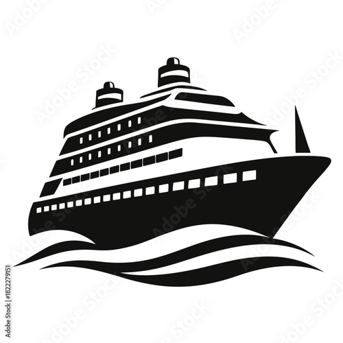 Monochrome cruise ship majestically glides over stylized waves, isolated against a clean white background