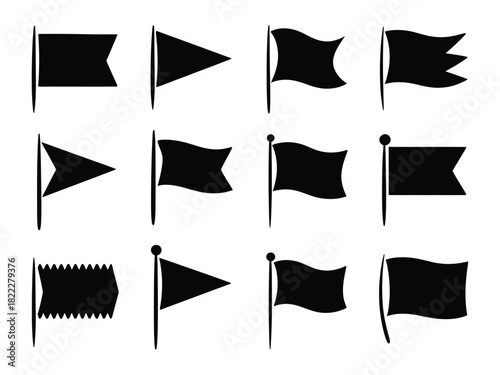 Illustration of twelve different black flag designs on white background vector
