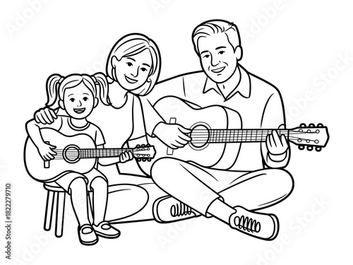 A smiling family of three sits together and plays acoustic guitars, enjoying music.